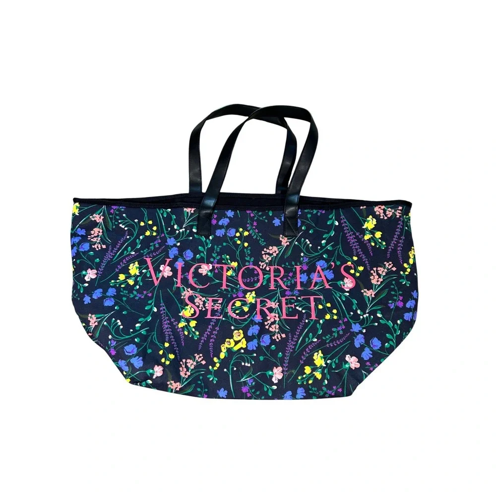 Victoria's Secret Floral Oversized Tote Bag Black‎ Pink Wildflower Zipper Travel